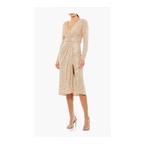 Mac Duggal Sequined Long Sleeve Midi Dress in Rose Gold NWT